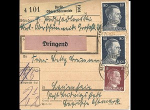 DR 1942, 2x80+15 Pf. auf Dringend Paketkarte v. Berlin Oberschöneweide
