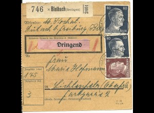 DR 1942, 2x80+15 Pf. auf Dringend Paketkarte v. Bleibach (Breisgau)