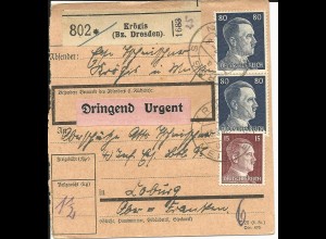 DR 1942, 2x80+15 Pf. auf Dringend Paketkarte v. KRÖGIS (Bz. Dresden).