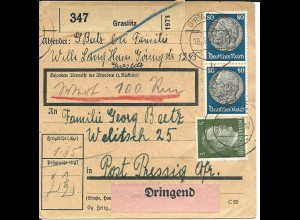 DR 1942, Paar 80+15 Pfg. auf Dringend Wert-Paketkarte v. Graslitz Tschechien