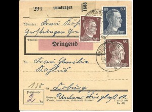DR 1942, 80+60+15 Pf. auf Dringend Paketkarte v. GERSTUNGEN