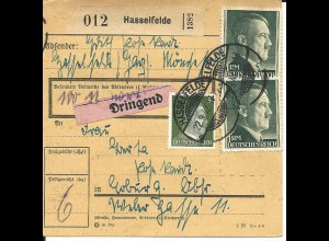 DR 1942, 2x1 Mk.+5 Pf. auf Dringend Paketkarte v. HASSELFELDE