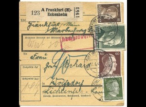 DR 1942, 4 Werte auf Wert Paketkarte m. Nachgebühr v. Frankfurt-Eckenheim