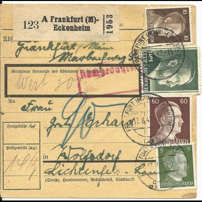 DR 1942, 4 Werte auf Wert Paketkarte m. Nachgebühr v. Frankfurt-Eckenheim