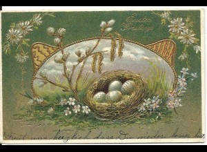 Easter Greetings, Ostern Präge AK m. Nest u. Palmzweig in Gold, gebr. USA 1908