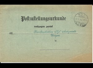 DR 1914, Post Zustell Urkunde v. ROD a.d. Weil n. USINGEN.