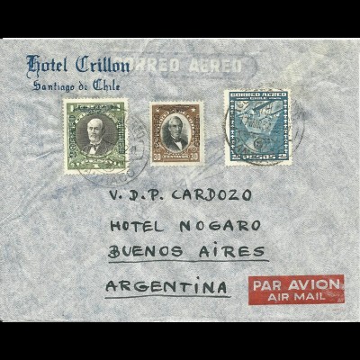 Chile 1934, 30 C.+1+2 P. auf Luftpost Brief v Santiago n. Argentinien