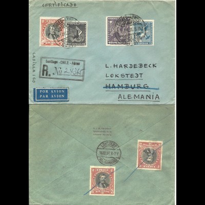 Chile 1935, 6 Werte auf Luftpost Einschreiben Brief v. Santiago n. Deutschland.