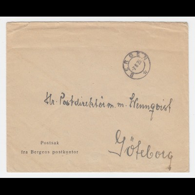 Norwegen 1925, Postsache Brief v. Bergen n. Schweden. Portofrei!