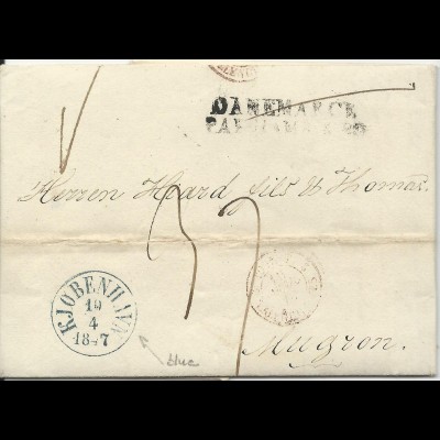 Dänemark 1847, blau K1 Kjobenhavn auf Porto Brief n. Frankreich. #2939