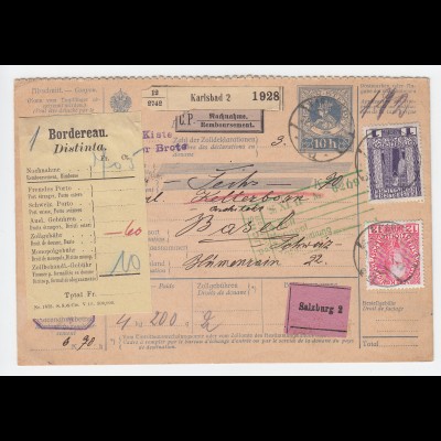 Österreich 1911, 12 H.+1 Kr. auf 10 H. Paketkte v. Karlsbad m. Schweiz Borderaux