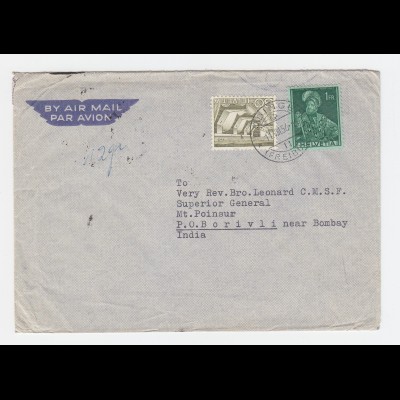 Schweiz 1956, 30 c.+1 Fr. auf Luftpost Brief v. Düdingen n. Indien m. Ank.Stpl.