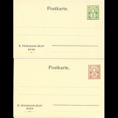 Schweiz, 5 u. 10 C., 2 ungebr. Privat Ganzsache Karten Hossmann-Rupf Bern