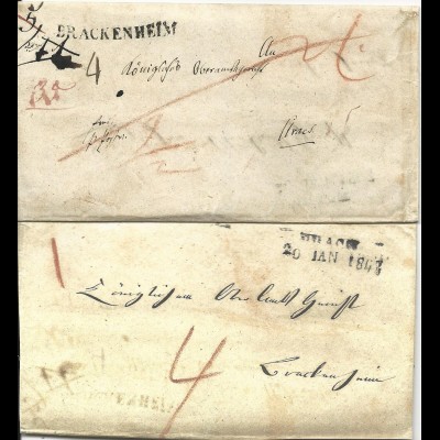 Württemberg 1842, L1 BRACKENHEIM u. innen L2 URACH auf 2mal verwendetem Brief