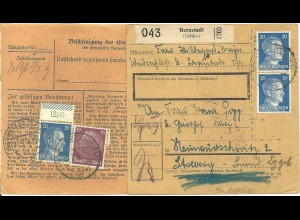 DR 1942, 3x20+15 Pf. vorder- u. rücks. auf Schlesien Paketkarte v. BERNSTADT