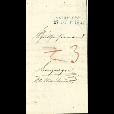 Württemberg 1847, L2 VAIHINGEN in blau auf Porto Brief 
