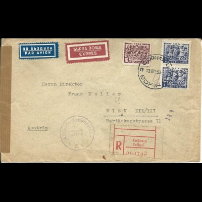 Bulgarien 1953, 2x1 L.+16 S. auf Luftpost Reko Express Brief v Sofia n. Wien