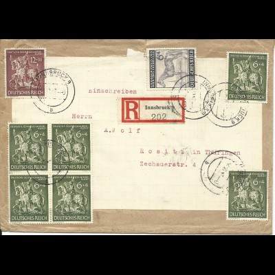 DR 1943, 8 Sondermarken portorichtig auf Einschreiben Brief v. Innsbruck