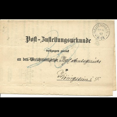 DR 1892, K1 NEUENHAIN auf Zustellungs Urkunde n. Königstein. Porto "30" Pfg.