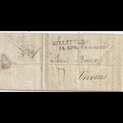 Preussen Belgien 1818, L2 Bielefeld auf Porto Brief m. Aachen Transitstpl. #648