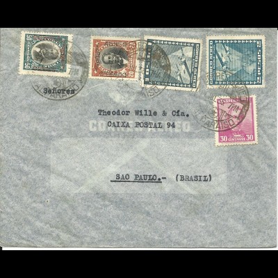 Chile 1936, 5 Marken auf Luftpost Brief v. Valparaiso n. Brasilien.