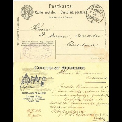 Schweiz 1908, Ganzache v. St. Gallen mit rücks. Suchard Werbung 