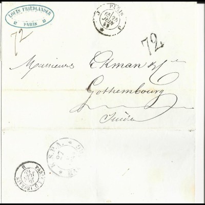 Frankreich 1859, Brief v. Paris n. Schweden m. Portostpl. 72 u. rs. KSPA Hamburg