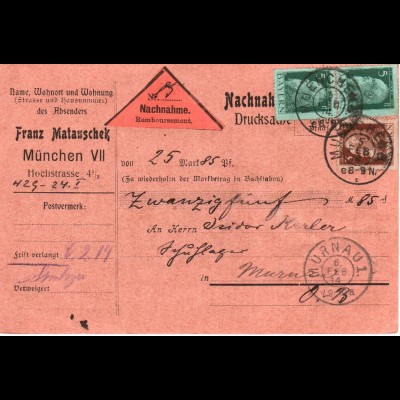 Bayern 1914, 3+Paar 5 Pf. auf Nachnahme Karte v. München 8 n. Murnau. #2675