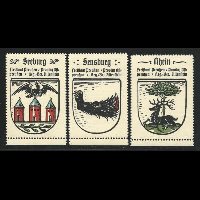Preussen, Wappen Seeburg, Sensburg, Rhein, 3 Ostpreussen Sammelmarken