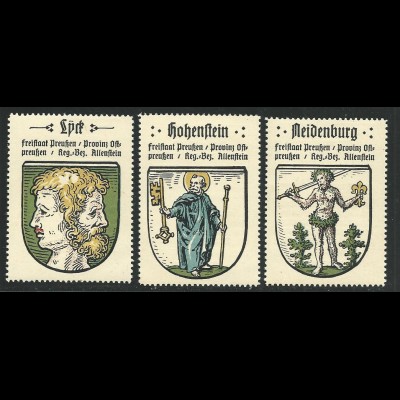 Preussen, Wappen Lyck, Meidenburg, Hohenstein, 3 Ostpreussen Sammelmarken