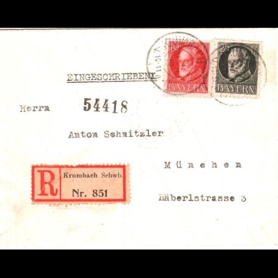 Bayern 1919, 25+10 Pf. auf Einschreiben Brief v. Krumbach. #2669