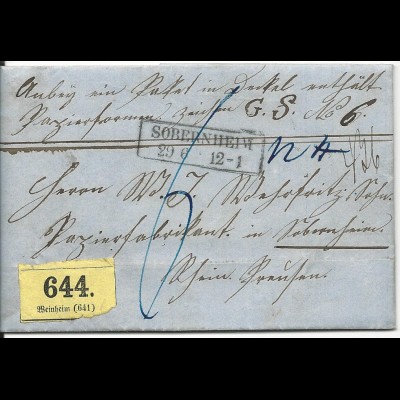 Baden 1861, Paket Begleit Brief v. Großsachsen m. Zettel Weinheim n. Preussen