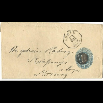 USA 1888, COWEN MICH. Oktogonstpl. auf Streifband Ganzsache n. Norwegen