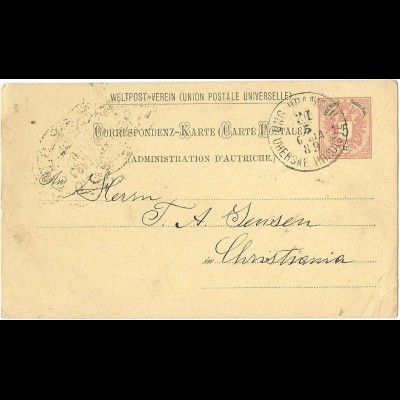 Österreich 1889, Mähren- K1 "Ung. Hradisch" auf 5 Kr. Ganzsache n. Norwegen