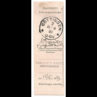DR 1889, Klaucke Nr.57 "Göttingen" auf Postanweisungsabschnitt (Quittung). 