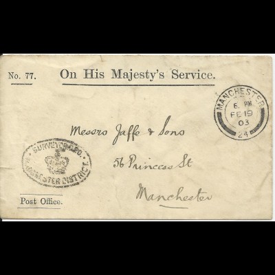 GB 1903, portofreier Post Office Dienst Orts Brief v. Manchester. #2481