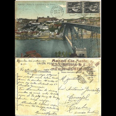Portugal 1912, 2x 1/2 C. bildseitig auf AK v. Porto i.d. Karibik. Destination!