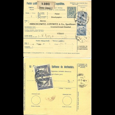 Ungarn 1917, 25 F.+2 Kr. auf Paketkarte v. Zimony m. rücks. 2 Türkei Marken.