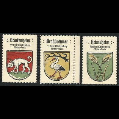 Württemberg, Wappen Großbottwar, Heimsheim, Brackenheim, 3 Neckar-Kreis Marken