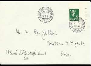Norwegen 1941, 10 öre m. Bogenecke u. Randnummer auf Brief m Sonderstempel