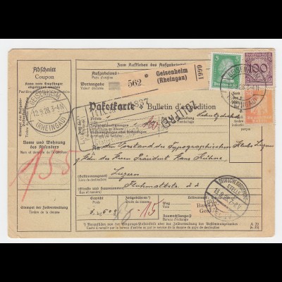 DR 1928, 5+50+100 Pf. auf Paketkarte v. Geisenheim (Rheingau) i.d. Schweiz.