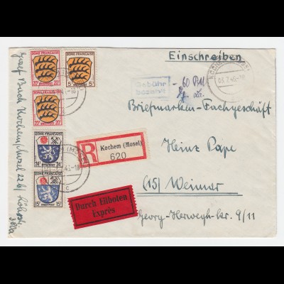 Franz. Zone 1946, 5 Werte + Geb. Bez. auf Einschreiben Eilboten Brief v. Kochem