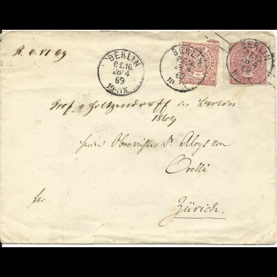 NDP U 28B, 1 Gr. Zusatzfr. auf 1 Gr. Ganzsache Brief v. Berlin PE10 i.d. Schweiz