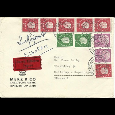 BRD 1959, 10 Marken auf Luftpost Eilboten Brief v. Frankfurt n. Dänemark