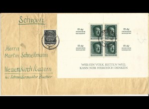DR 1937, Block 11 zus. m. 1 Pf. auf portorichtigem Brief v. Weimar i.d. Schweiz.