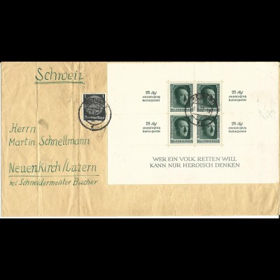 DR 1937, Block 11 zus. m. 1 Pf. auf portorichtigem Brief v. Weimar i.d. Schweiz.