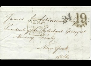 GB 1853, Transatlantik Brief v. London n. New York m. 2 Porto Stempeln
