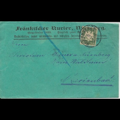 Bayern 1898, EF 5 Pf. auf Drucksachen Schleife v. Nürnberg n. Marienbad, Böhmen