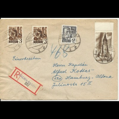 Franz. Zone 1948, 4 Marken portirichtig auf Einschreiben Brief v. Baden-Baden