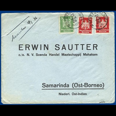 DR 1926, 5+10+10 Pf. auf Brief v. Stuttgart m. Porto n. Borneo, NL Indien. 